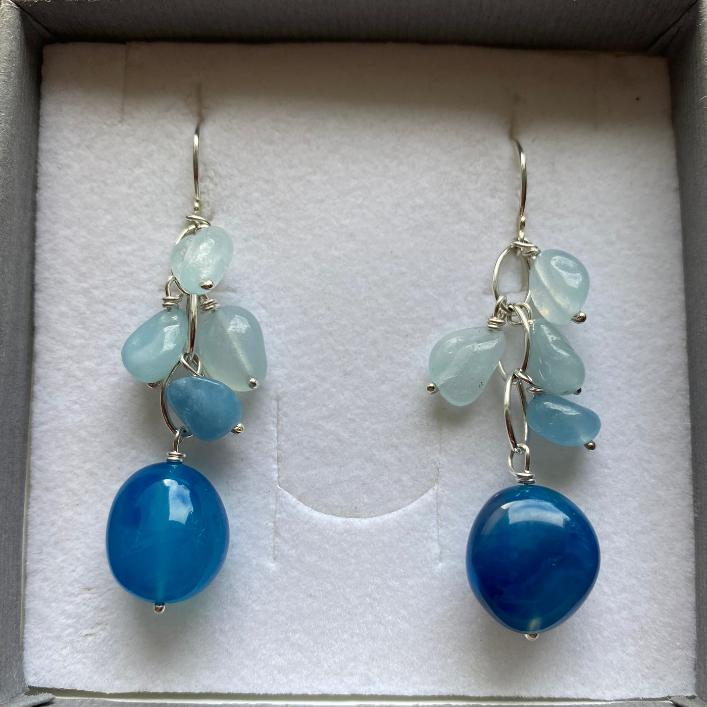 Pair of gemstone earrings with blue chalcedoy and aquamarin beads in a box