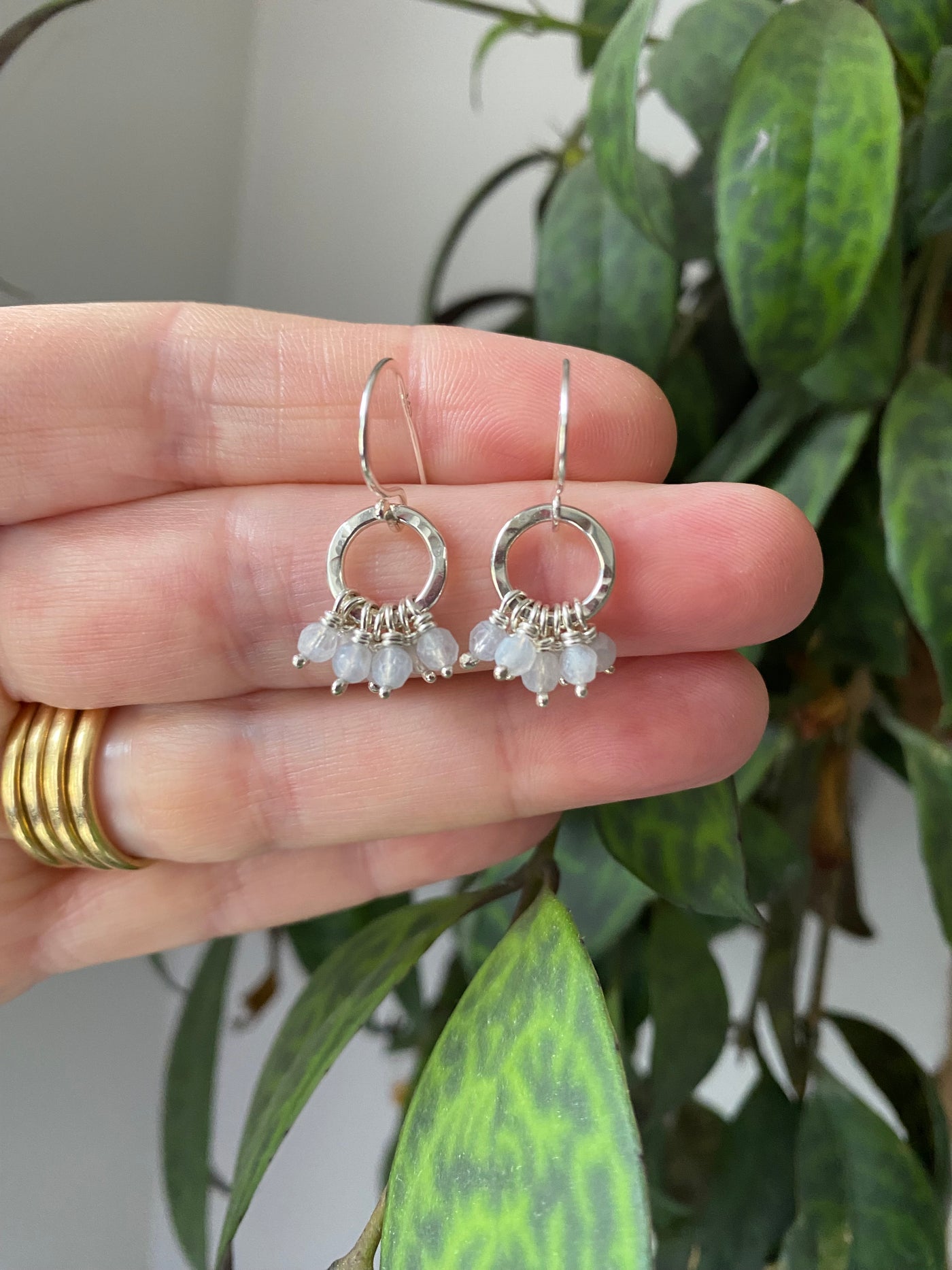 Silver hoop earrings with small stones held between fingers against a green leafy background
