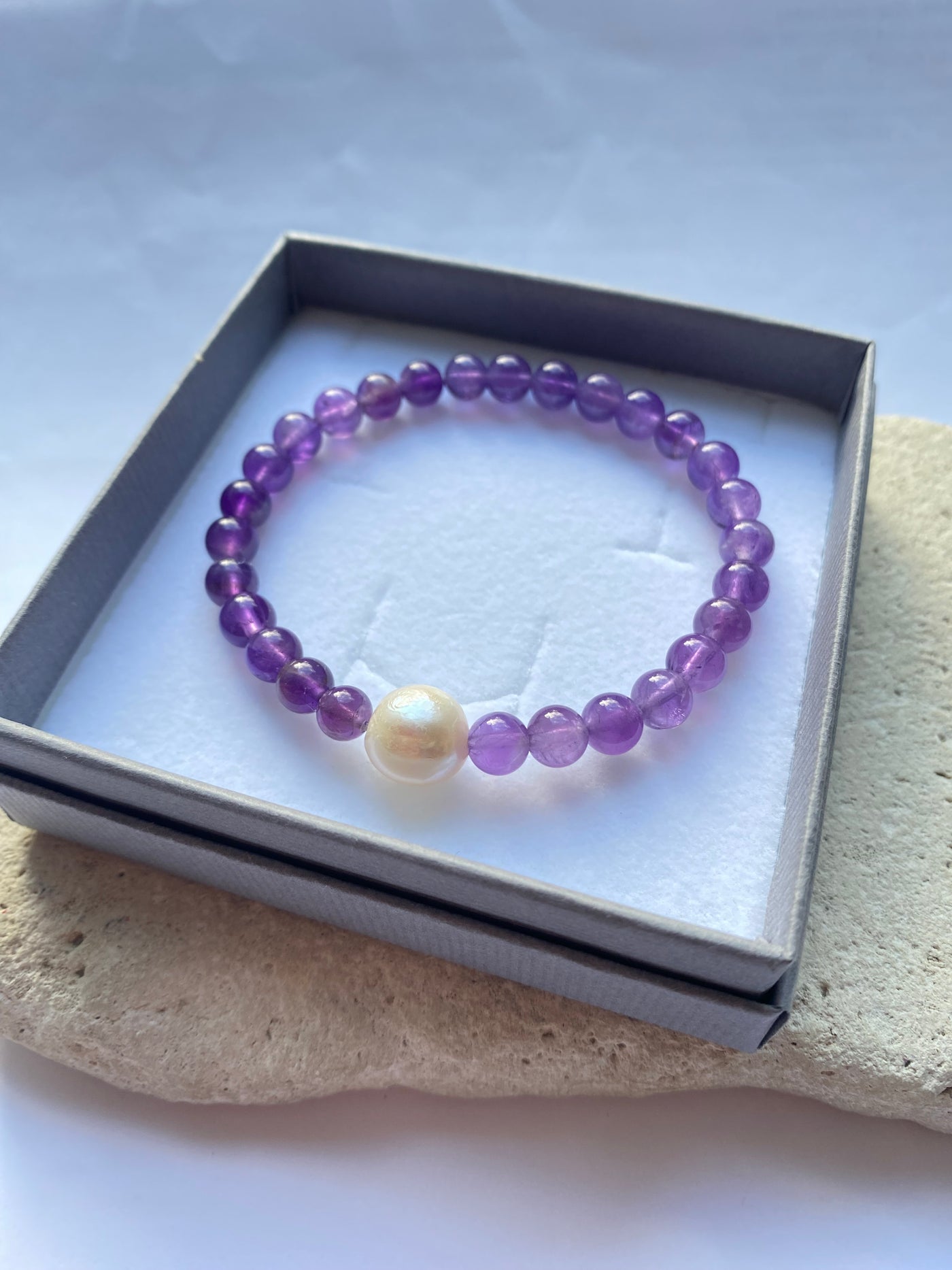 purple amethyst bracelet in a gift box