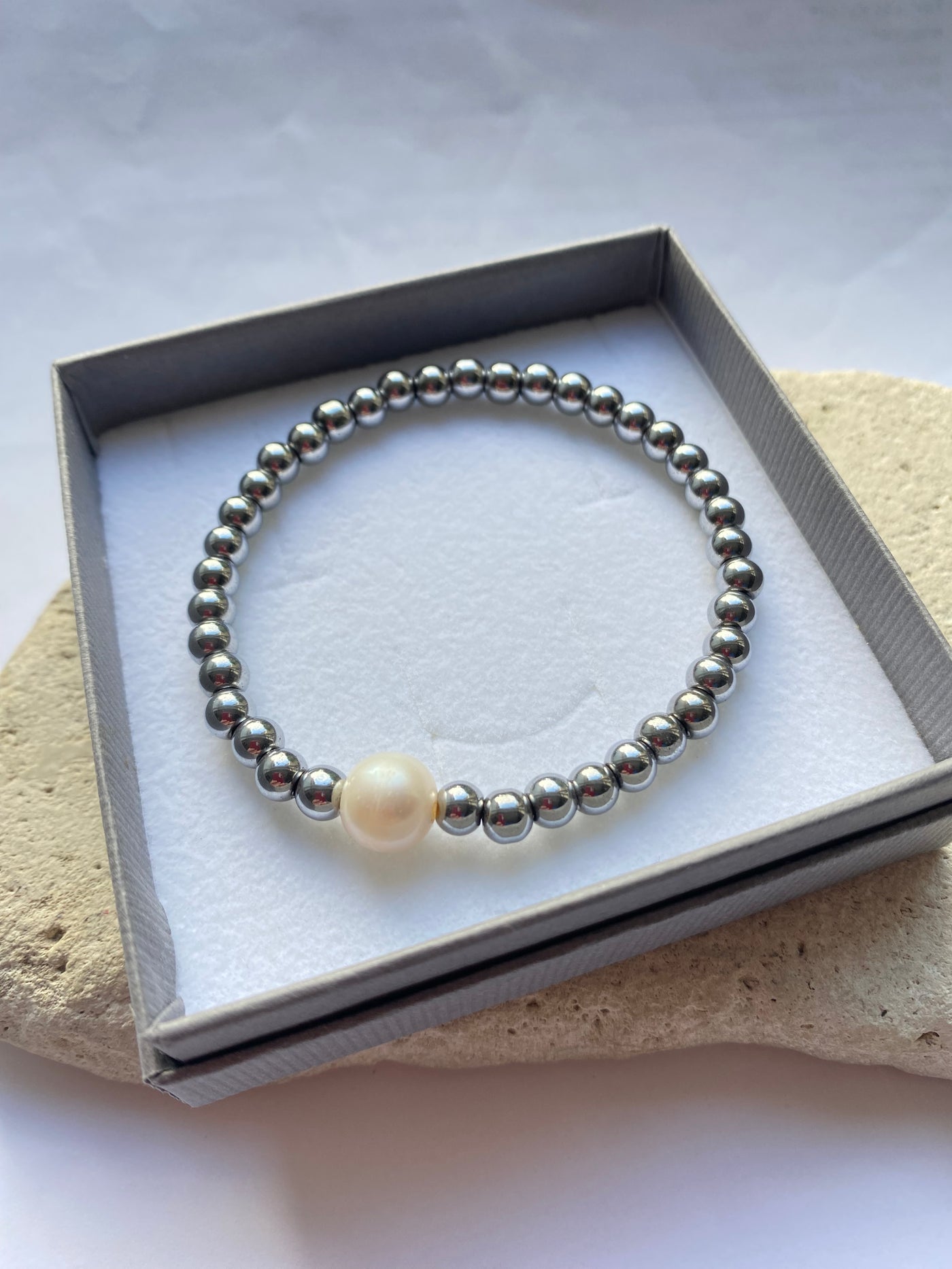 hematite bracelet in a grey gift box