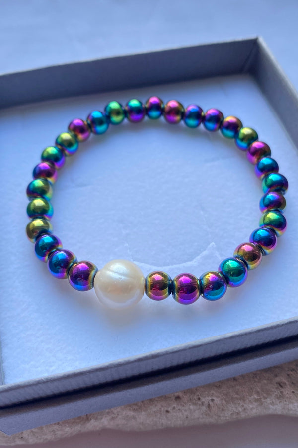 Rainbow hematite bracelet with freshwater pearl in a grey gift box
