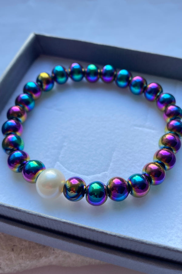 rainbow hematite bead bracelet in a gift box