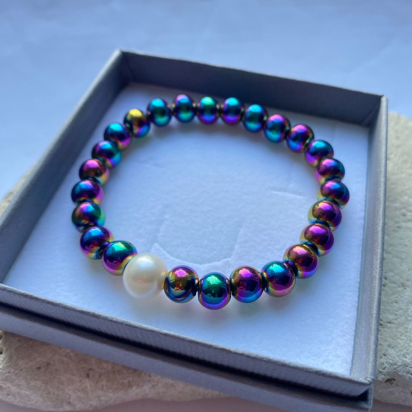 rainbow hematite bead bracelet in a gift box