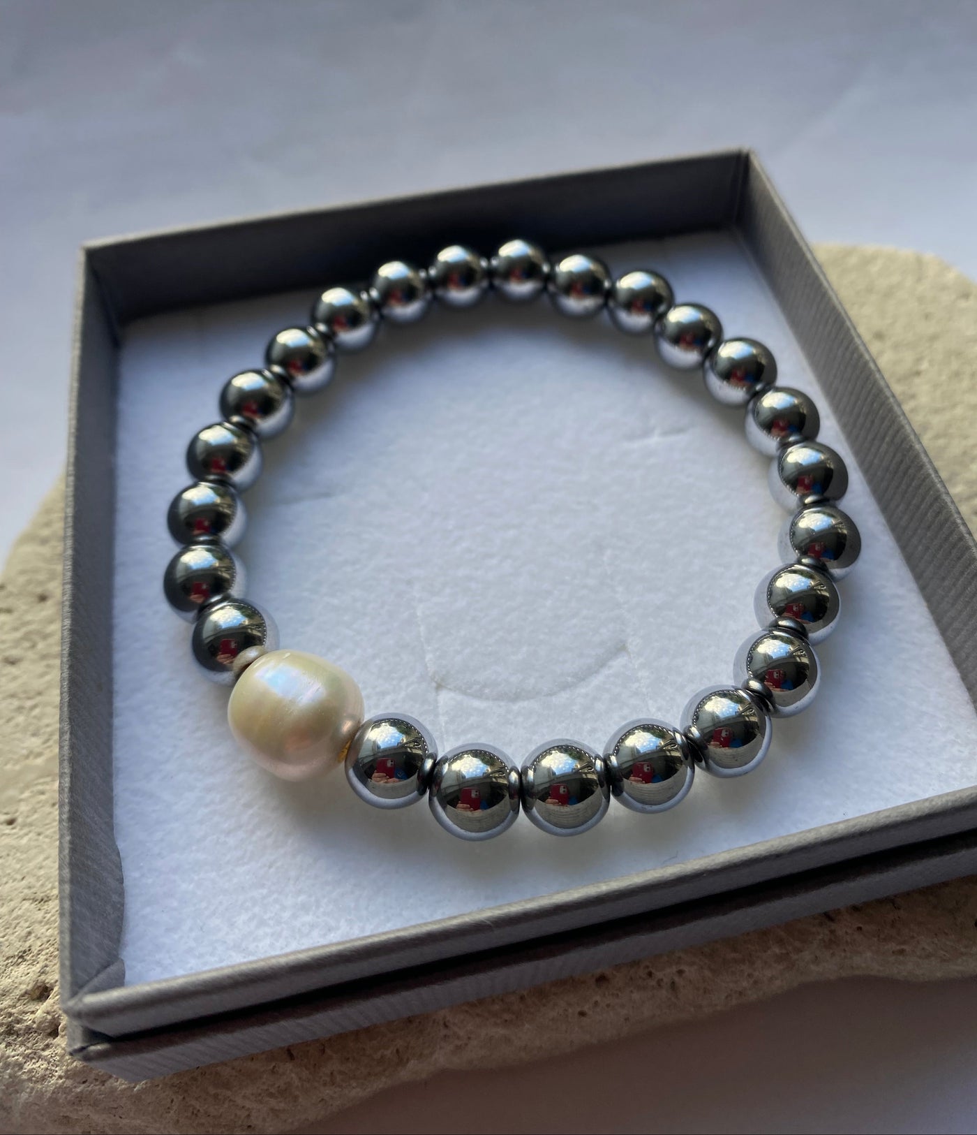 hematite bracelet in a grey gift box