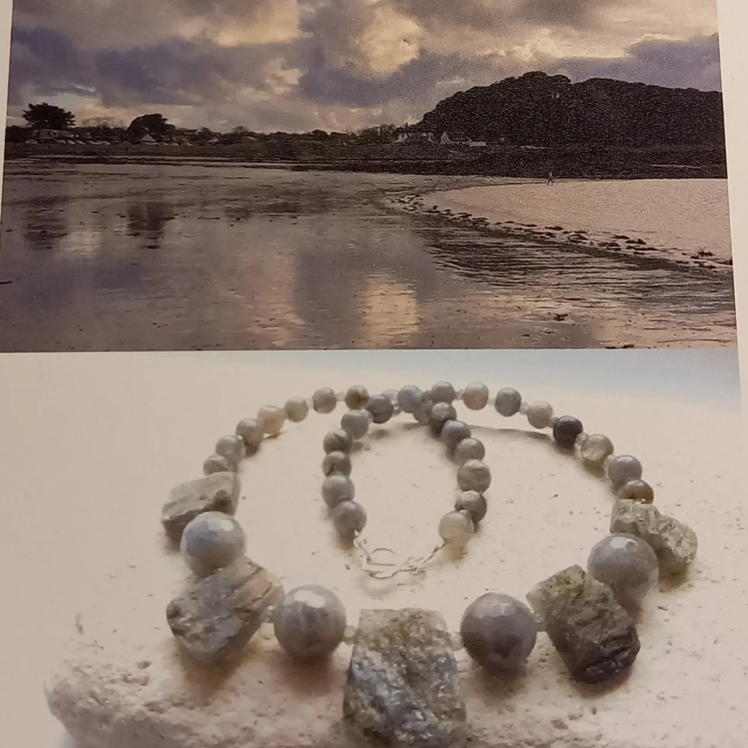 Gallery display board with 'art for Guernsey'  featuring a beach scene and the labradorite gemstone necklace that it inspired. 