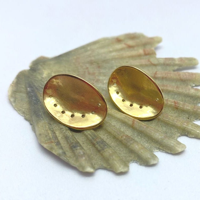 9ct Yellow Gold oval shaped ormer shell earrings on a large shell against a white background