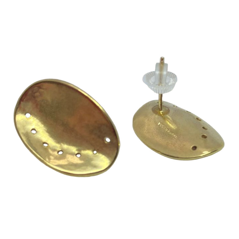 Guernsey ormer shell stud earrings in 9ct yellow gold displayed on a white back ground. 