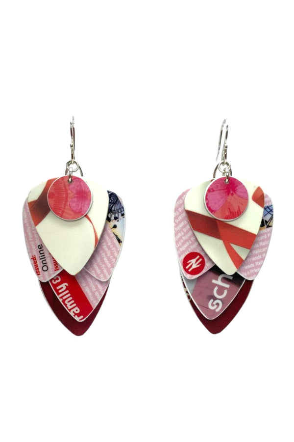 Colorful guitar pick-shaped earrings on a white background