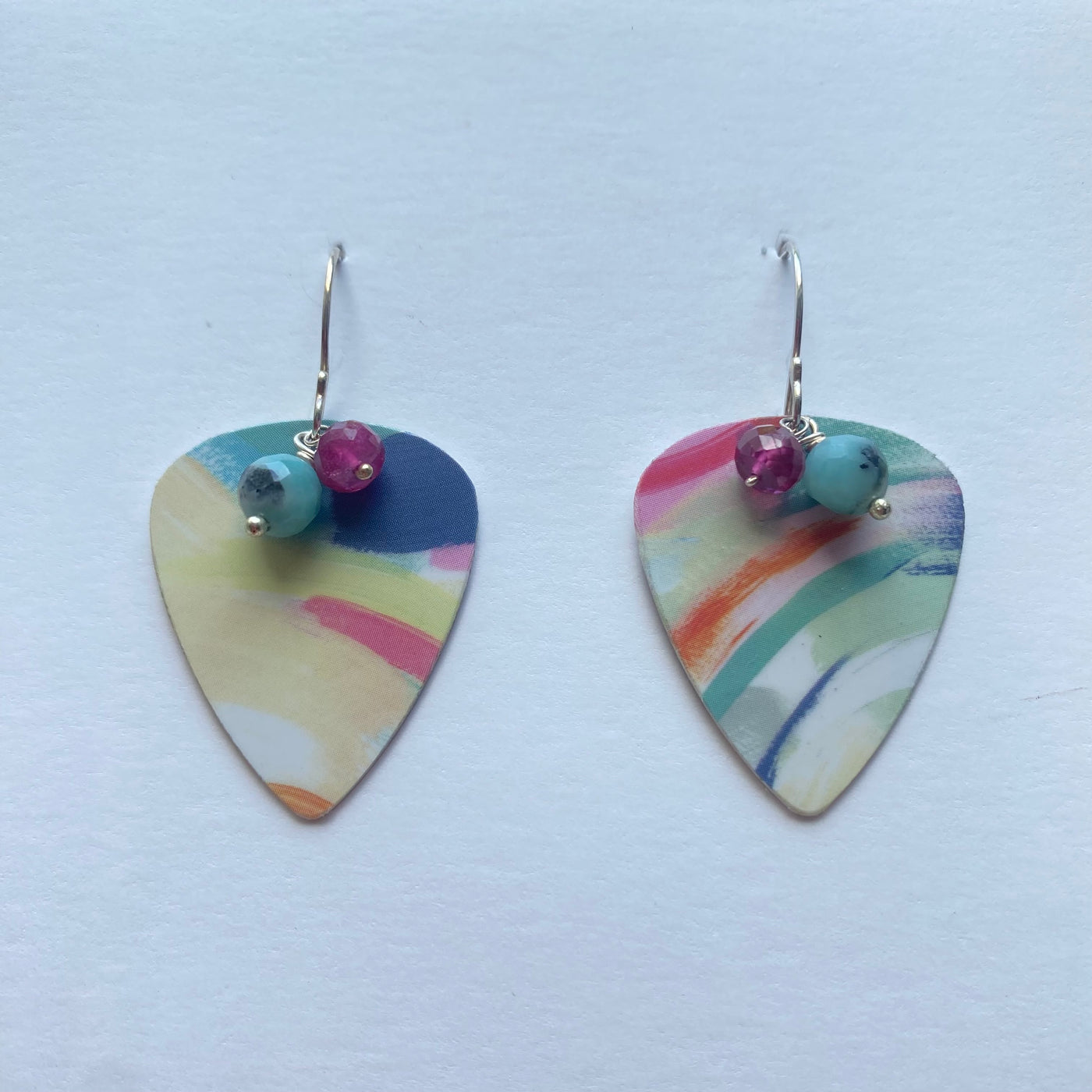 Colorful guitar pick-shaped earrings with pink ruby and blue amazonite beads 