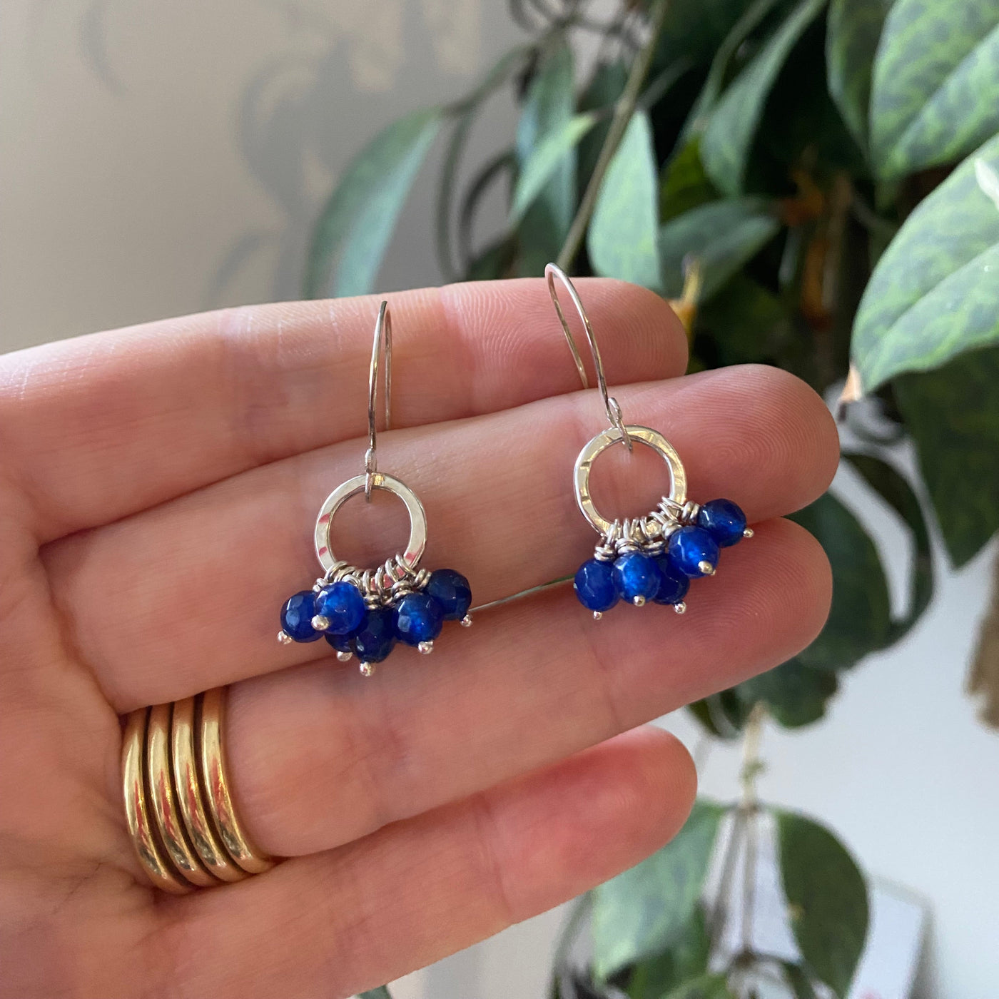 Silver earrings with blue stones held between fingers against a blurred green plant background