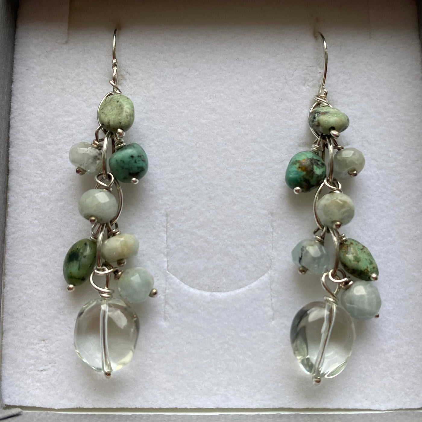 Beautiful waterfall earrings handmade in sterling silver with pale green prasiolite, dark green blue natural turquoise and sea foam coloured faceted aquamarine gemstones. Displayed in a gift box