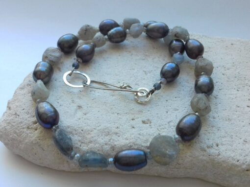 raw Sapphire, labradorite and grey freshwater pearl necklace