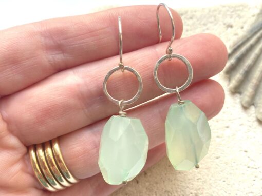 Natural Green Gemstone Silver Cicle Earrings