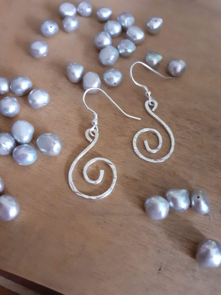 Sterling Silver Spirals with Freshwater Pearl Hook Earrings