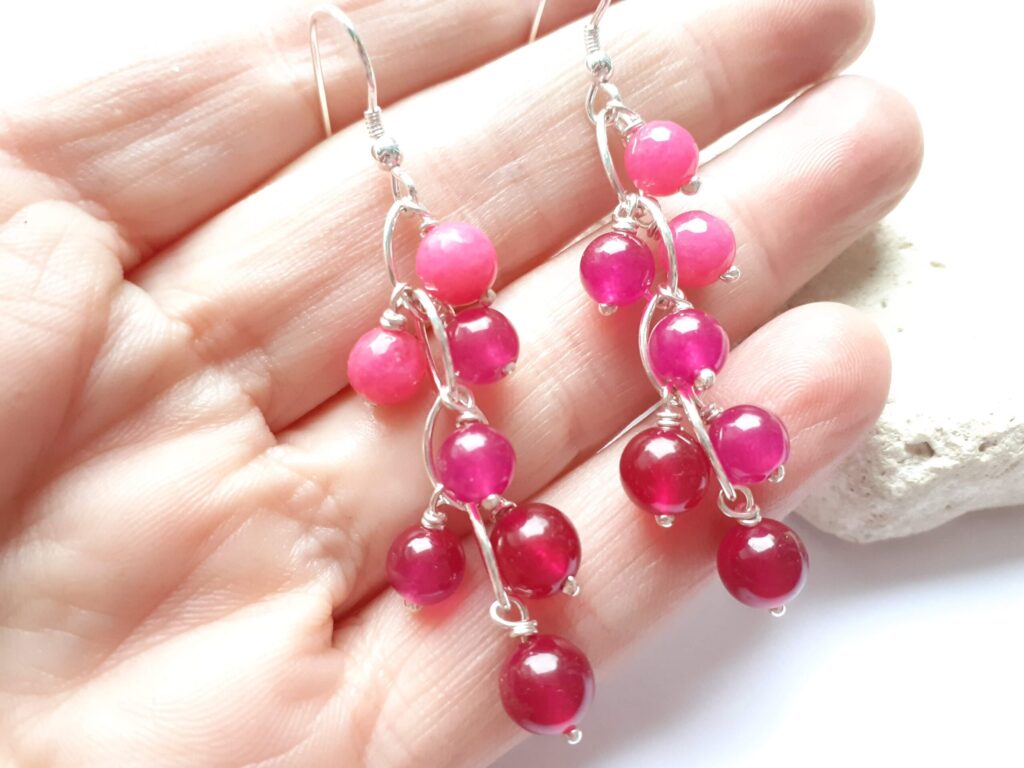 Bright Pink Jade and Quartz Gradient Waterfall Earrings