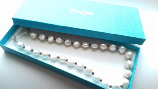 White Pearl Necklace with Multi Colour Hematite Beads and a Handmade Sterling Silver Clasp