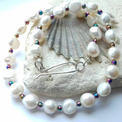 White Pearl Necklace with Multi Colour Hematite Beads and a Handmade Sterling Silver Clasp