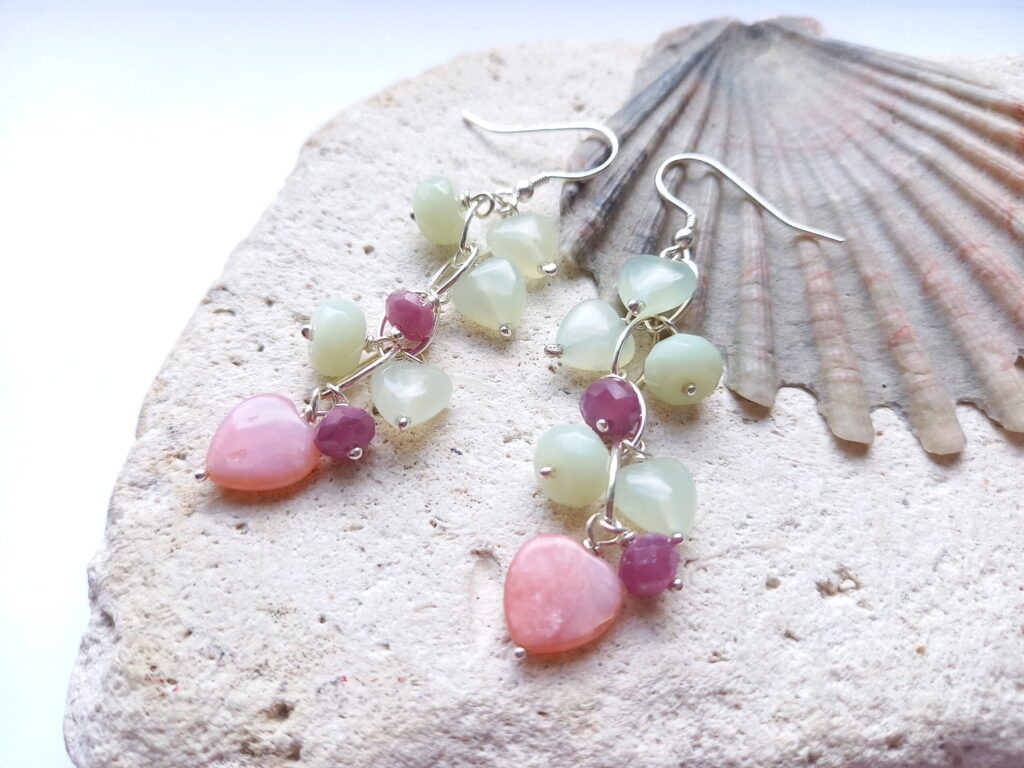 Opal Hearts, Ruby adverutine silver dangle earrings