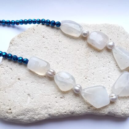 White Opal with Blue Faceted Hematite and White Pearls