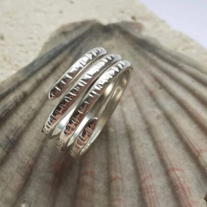 Three Twist Spiral Textured Sterling Silver Ring
