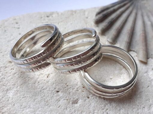 Three Twist Spiral Textured Sterling Silver Ring