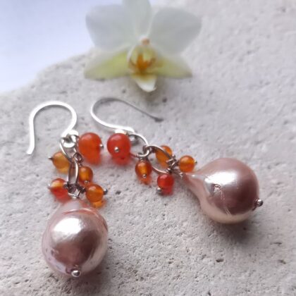 Gold pearl and carnelian statement earrings made with recycled sterling silver.