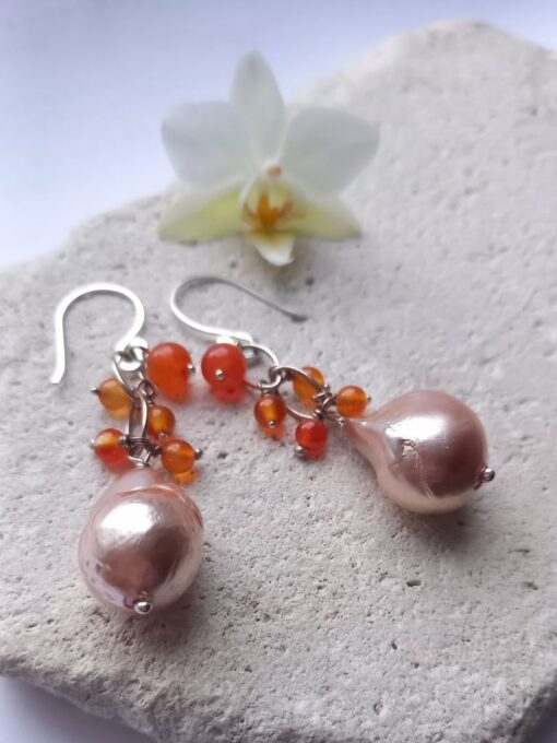 Gold pearl and carnelian statement earrings made with recycled sterling silver.