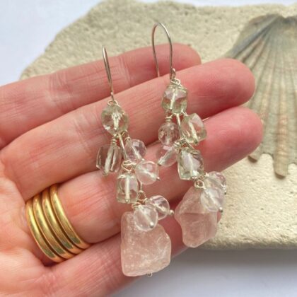 Raw pink rose quartz and green faceted prasolite earrings