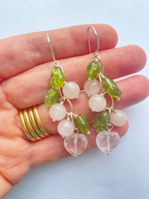 Pastel Pink Rose quartz and bright green prasolite earrings made with recycled sterling silver.