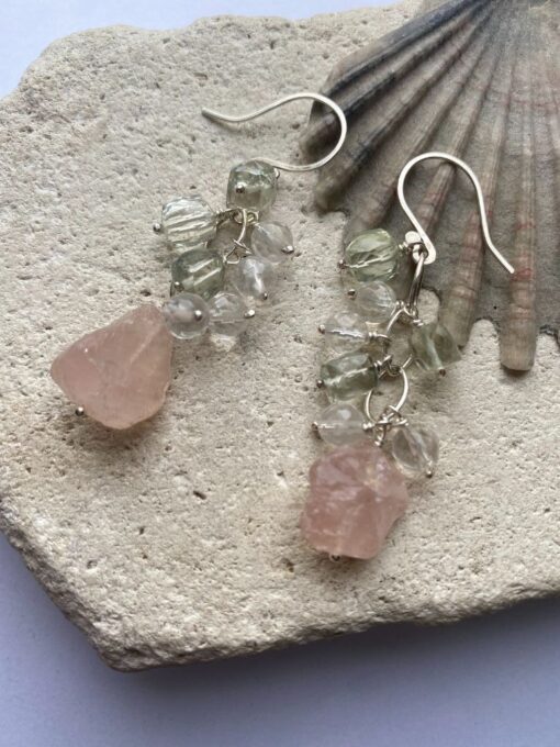 Pretty Pastel rose quartz and prasolite earrings made from recycled sterling silver.