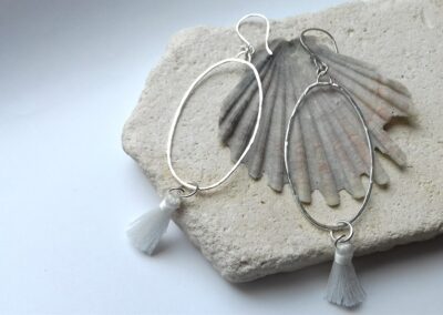 Textured Silver Oval Earrings with Tassels