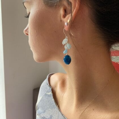 Long earrings with aquamarine and chalcedony stones