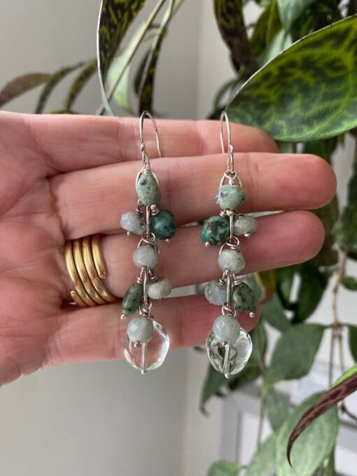 Athene Sholl waterfall earrings turquoise aquamarine prasiolite hanging
