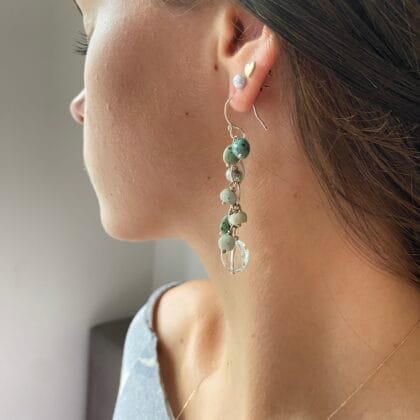 Athene Sholl waterfall earrings turquoise aquamarine prasiolite model