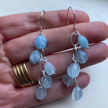 Aquamarine waterfall earrings in pale blue on sterling silver.