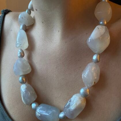 Opal and pearl necklace in shades of white and grey