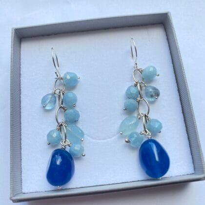 Earrings of aquamarine and chalcedony with recycled silver.